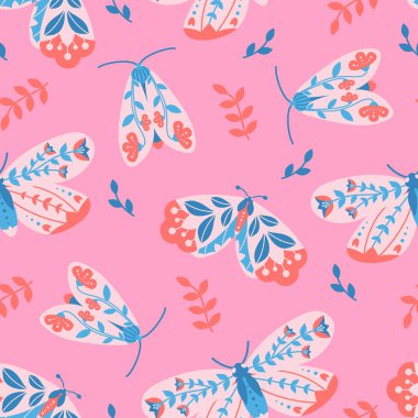 Kelebeklerle (güveler) soyut, pürüzsüz desen. Pembe arka planda böcek ve yapraklı halk sanatı. Kumaş, tişört baskısı, duvar kağıdı, ambalaj için.