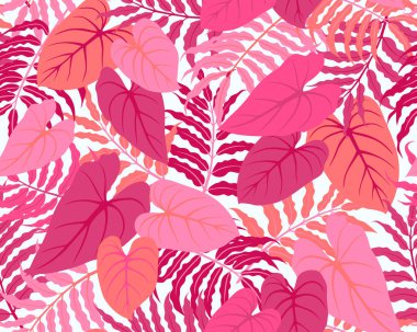 Bitkiler ve yapraklarla kusursuz egzotik desen. Orman vektör eli çizimi. Mor palette tropik çiçek arkaplanı. Duvar kağıdı, kumaş, iç dekorasyon, giyim için tasarım