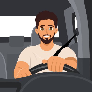 Araba süren genç bir adam. Dümeni direksiyonlu bir araba tasarımının ön görüntüsü. Düz vektör çizimi beyaz arkaplanda izole edildi