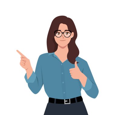 Genç bir kadın parmağını sola doğru uzattı ve baş parmağını kaldırdı. Düz vektör çizimi beyaz arkaplanda izole edildi