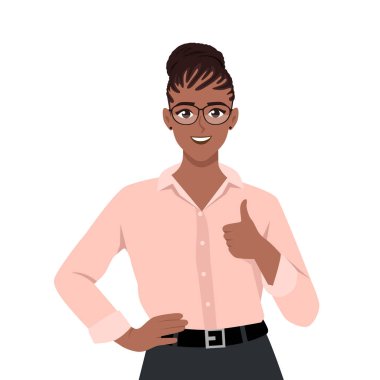 Genç bir kadın onay için baş parmağını ve bir elini kalçasında gösteriyor. Düz vektör çizimi beyaz arkaplanda izole edildi