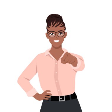 Genç bayan yönetici kamerayı gösterip gülümsüyor. Düz vektör çizimi beyaz arkaplanda izole edildi