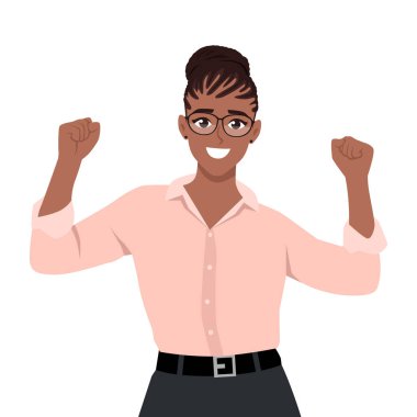 Genç kadın mutlu görünüyor ve zaferi kutluyor. Düz vektör çizimi beyaz arkaplanda izole edildi