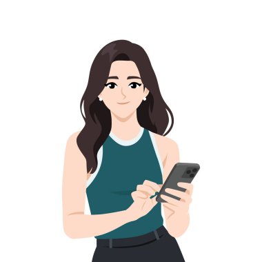 Havalı giyinmiş, akıllı telefon kullanan şık bir kadın. Düz Vektör karakter çizimi