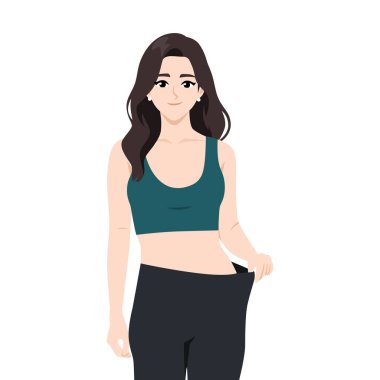 Spor kıyafetli genç bir kadın başarılı kilo kaybı ve formda kalma dönüşümünü göstermek için pantolonunu indiriyor. Düz Vektör karakter çizimi