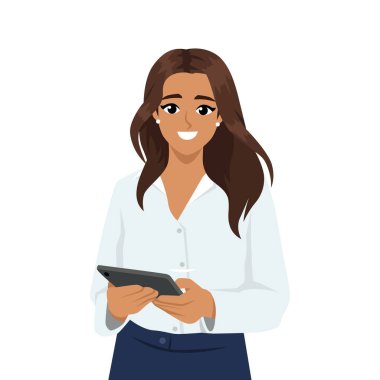 Elinde tablet tutan genç bir iş kadını, beyaz gömlek ve denizci eteği giymiş. Düz Vektör karakter çizimi