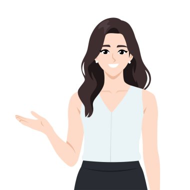 Profesyonel kıyafetli genç bir kadın, tek eliyle sanki sunum yapıyor ya da açıklıyormuş gibi hareket ediyor. Düz Vektör karakter çizimi