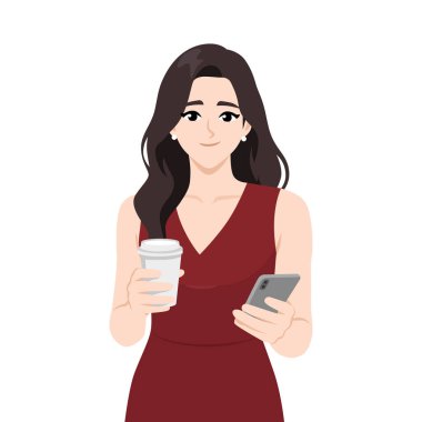 İş kadını elinde kahve fincanı ve akıllı telefon ile modern yaşam tarzını temsil ediyor. Düz Vektör karakter çizimi