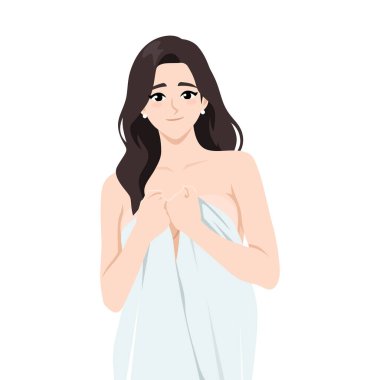 Beyaz bir havluya sarılmış bir kadın. Duştan ya da banyodan sonra rahat ve taze görünüyor. Düz Vektör karakter çizimi