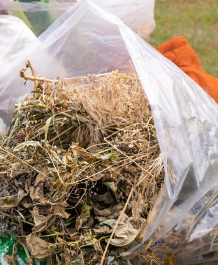 Humus ve gübre bir torbaya konur ve bahçede durur..