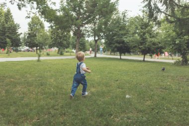 Mavi tulumlu ve beyaz tişörtlü iki yıllık küçük bir çocuk parkta yürüyor ve etrafında olup biten her şeye şaşırıyor.