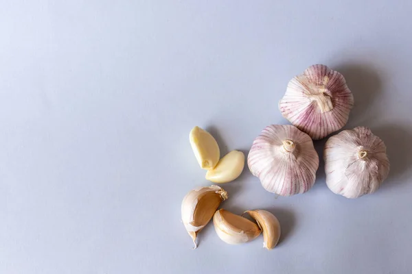 Sarımsak gri arka planda yatıyor. Yakın mesafeden çekilmiş.. 