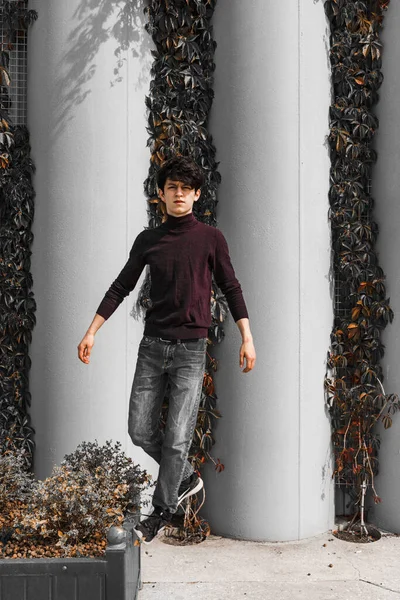 Seorang pemuda dari Timur penampilan dengan rambut hitam dan wajah tampan ekspresif pose di taman dengan latar belakang pohon dan arsitektur — Stok Foto