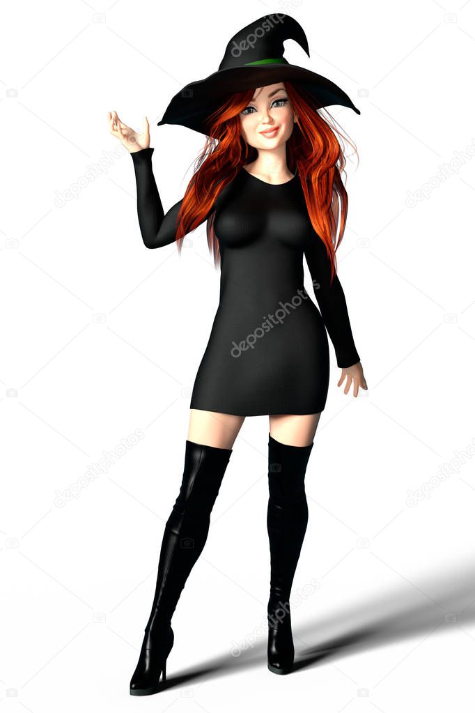 3D render of a beautiful sassy young witch dressed in black, looking confident with one hand in the air as if holding something or casting a spell. Ideal for Halloween and perfect for cozy magic and mystery book covers.