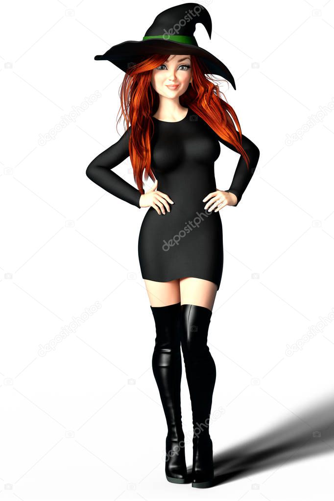 3D render of a beautiful sassy young witch dressed in black, looking confident with her hands on her hips. Ideal for Halloween and perfect for cozy magic and mystery book covers.