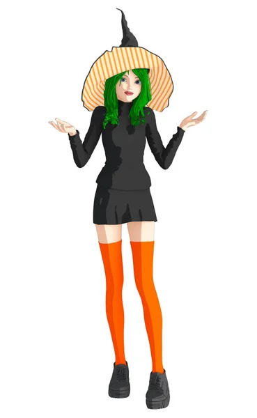 Isolated Illustration Cute Young Witch Flat Cartoon Anime Style Ideal — Stock Photo, Image