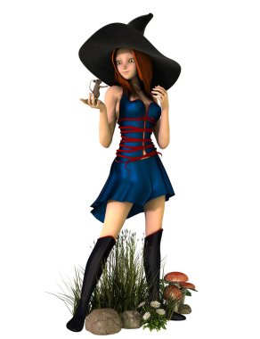 Siyah bir şapka giyiyor, bir fare holding ve mantarlar yanında duran sevimli bir genç cadı izole 3d Illustration. Davetiyeler, basılı medya, web sitesini görüntüler için ideal ve rahat cadı kitap için mükemmel kapsar. Biri bir dizi.
