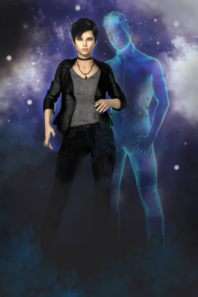 Illustration of a beautiful woman with magic powers standing in starlight scene with her ghostly bad boy lover by her side. Ideal for invitations, printed media, web site images and perfect for book covers where it could be used as is.