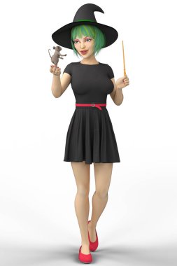 Genç bir siyah şapka ve bir fare bir yandan ve diğer bir değnek tutan saçlı cadı yeşil. Davetiyeler, basılı medya, web sitesini görüntüler için ideal ve rahat cadı veya çocuk kitabı için mükemmel kapsar. Biri bir dizi.