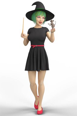 Genç bir siyah şapka ve bir fare bir yandan ve diğer bir değnek tutan saçlı cadı yeşil. Davetiyeler, basılı medya, web sitesini görüntüler için ideal ve rahat cadı veya çocuk kitabı için mükemmel kapsar. Biri bir dizi.