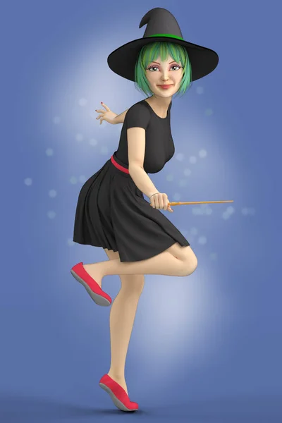 Young witch wearing a black hat and holding a wand. Ideal for invitations, printed media, web site images and perfect for cozy witch or childrens book covers. One of a series.