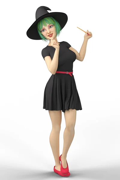 Modern Young Witch Wearing Black Hat Holding Wand Ideal Invitations — Stock Photo, Image