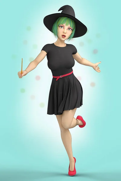 Young Modern Witch Wearing Black Hat Holding Wand Ideal Invitations — Stock Photo, Image