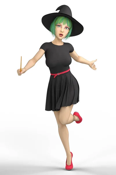 Modern Young Witch Wearing Black Hat Holding Wand Ideal Invitations — Stock Photo, Image
