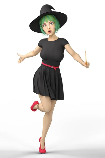 Cute Modern Witch Wearing Black Hat Holding Wand Ideal Invitations — Stock Photo, Image