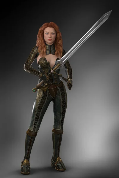 Piękne Redhead Kobieta Miecze Wojownik Przewożących Ozdobny Miecz Rysunek Obraz — Zdjęcie stockowe
