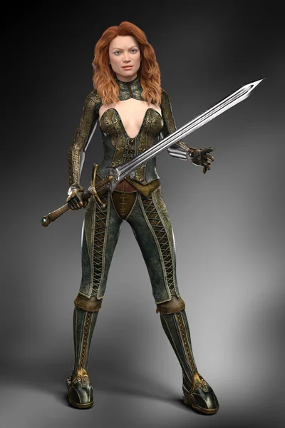 Beautiful Redhead Cgi Warrior Swords Woman Wearing Fantasy Style Leathers — Stock Photo, Image