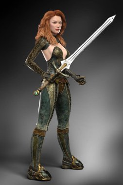Fantezi style deri giyen bir güzel kızıl saçlı CGI savaşçı kılıç kadın. Şekil resim ebook ve kitap kapak tasarımı için özellikle uygundur. Biri bir dizi.