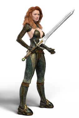 Fantezi style deri giyen bir güzel kızıl saçlı CGI savaşçı kılıç kadın. Şekil resim ebook ve kitap kapak tasarımı için özellikle uygundur. Biri bir dizi.