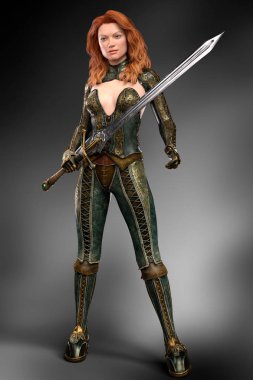 Fantezi style deri giyen bir güzel kızıl saçlı CGI savaşçı kılıç kadın. Şekil resim ebook ve kitap kapak tasarımı için özellikle uygundur. Biri bir dizi.