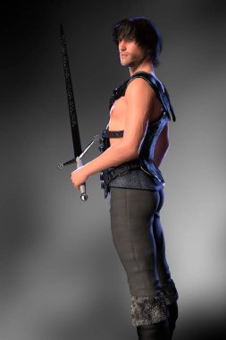 Yakışıklı ortaçağ fantezi savaşçı kılıç ile 