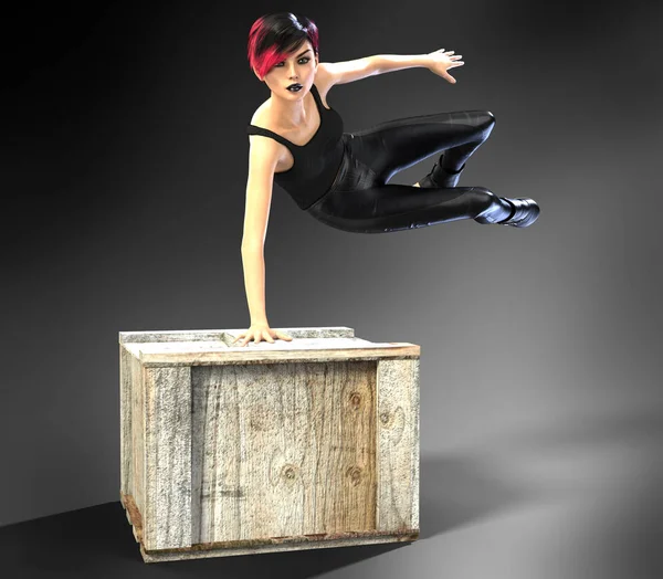 Young 3d female urban fantasy paranormal action character leaping over a crate. Gothic style character wearing black. This figure is particularly suited to book cover art work. One of a series