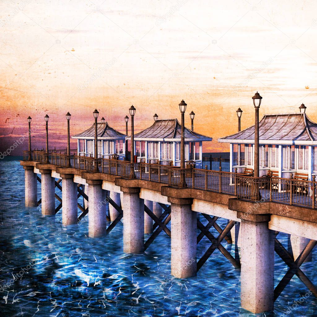 Illustration in vintage style of a wooden pier. Ideal for backgrounds to book cover artwork in genres such as historical, cozy mystery, romances etc.
