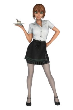 Güzel Barista kahve dükkanı garson bir mus tatlı içeren bir tabak tutuyor. Yiyecek ve içecek sanayi için ideal, perakende ve kitap tasarım çalışmaları kapsamaktadır. Biri bir dizi.