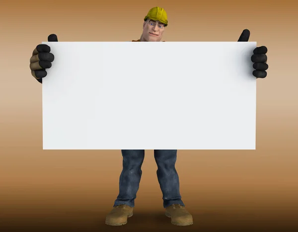 Персонаж Construction Worker Носит Пояс Инструмента Каску Держа Белую Вывеску — стоковое фото