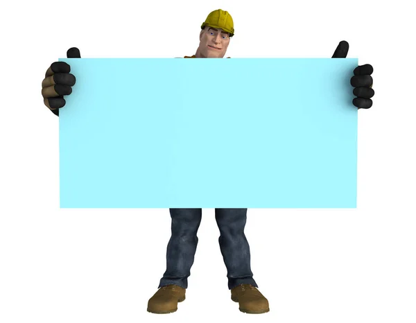 Персонаж Construction Worker Носит Пояс Инструментами Каску Держа Пустой Синий — стоковое фото