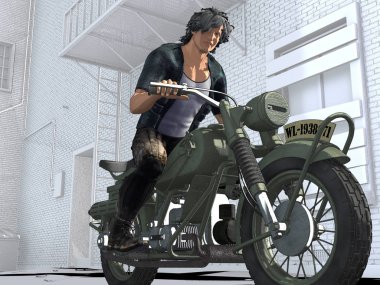 Çizgi roman tarzı bir vintage motosiklet sürme bir sert sert adam karakter Illustration. Bir şehir backstreet arka planda ayarla.