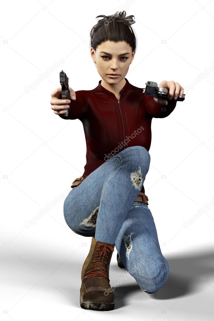 Beautiful, sexy, CGI female assassin holding two guns and in fighting position. Particularly suited to book cover art and design. 