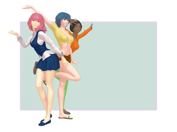 Anime Stijl Beste Vrienden Voor Altijd Meisjes Plezier Drie Meisjes — Stockfoto