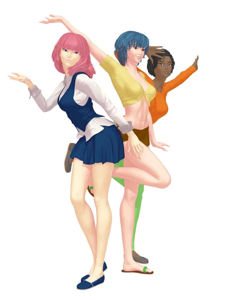 Três Meninas Bonitos Juntos Fundo Branco Estilo Anime Bonito Shorts — Fotografia de Stock