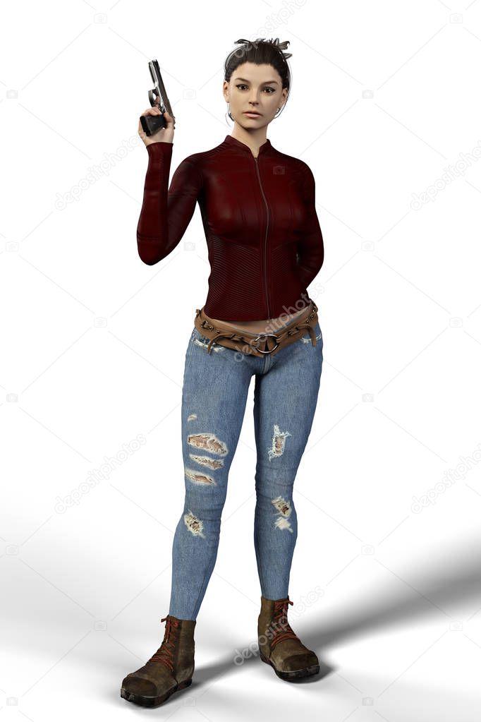 Isolated beautiful, sexy, 3D female assassin holding a gun and looking at the camera. Particularly suited to book cover art and design. 