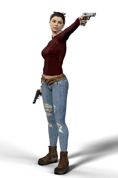 Όμορφη γυναίκα που φοράει δέρμα κρατώντας ένα όπλο που απομονώνονται — Φωτογραφία Αρχείου