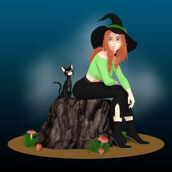 Witch Wearing Black Hat Her Cat Ideal Invitations Printed Media — Stock Photo, Image