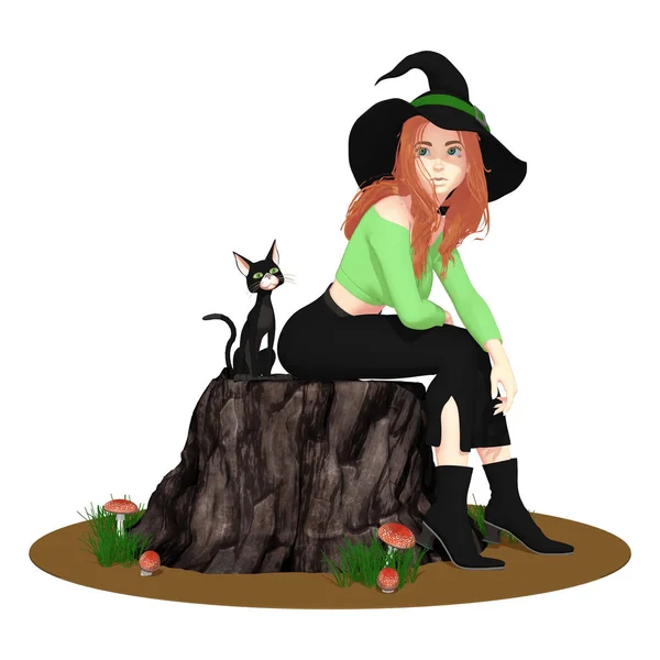 Witch Wearing Black Hat Sitting Her Cat Ideal Invitations Printed — Stock Photo, Image