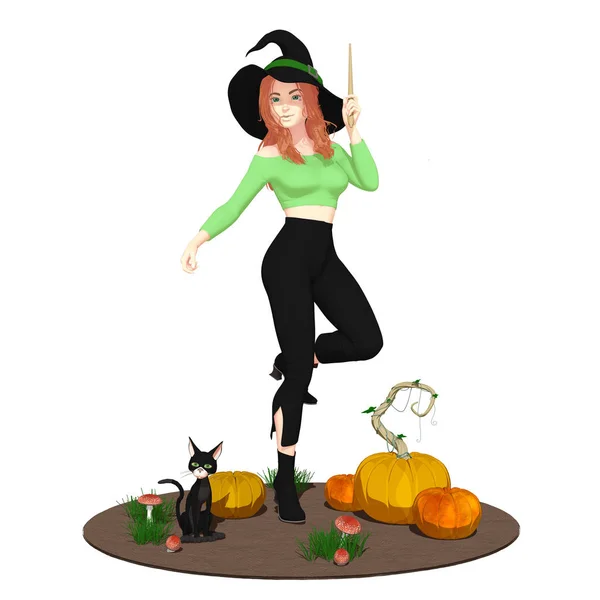 Czarownica Czarnym Kapeluszu Kotem Rzucania Czarów Halloween Tekst Obrazie Idealny — Zdjęcie stockowe