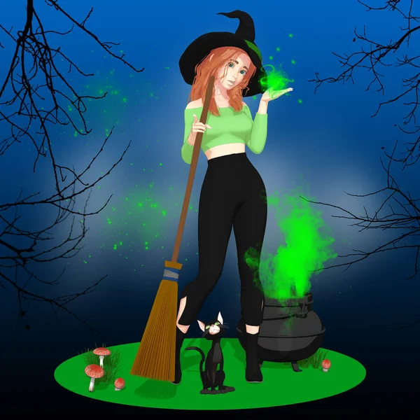 Pretty Witch Wearing Black Hat Her Cat Casting Spell Ideal — Stock Photo, Image